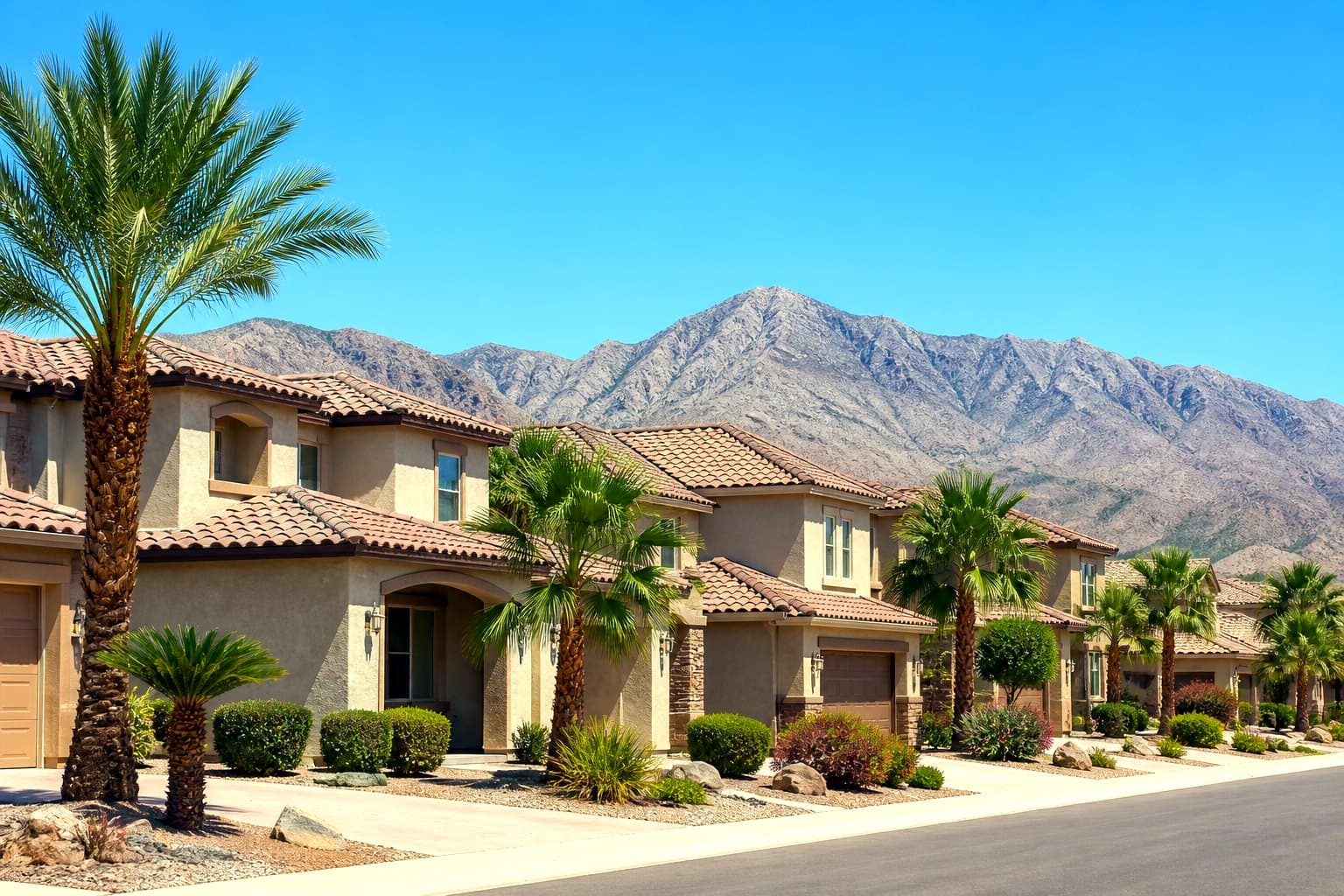 Iron Mountain Ranch neighborhood street with Mediterranean stucco homes and desert mountains in northwest Las Vegas